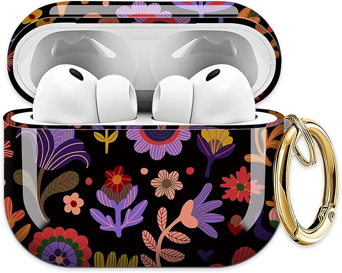 Cute Hard Case Compatible with AirPods Pro 3rd Generation Case (2025), Shockproof Protective Cover with Golden Keychain Ring Clip (Black Flower)