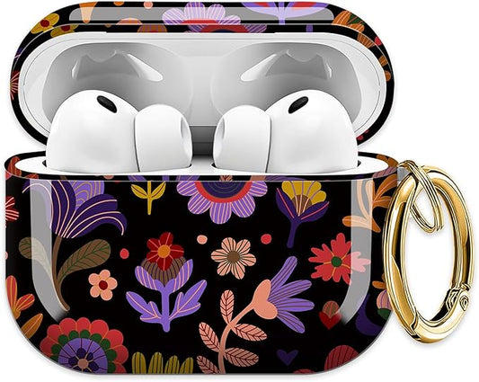 Cute Hard Case Compatible with AirPods Pro 3rd Generation Case (2025), Shockproof Protective Cover with Golden Keychain Ring Clip (Black Flower)