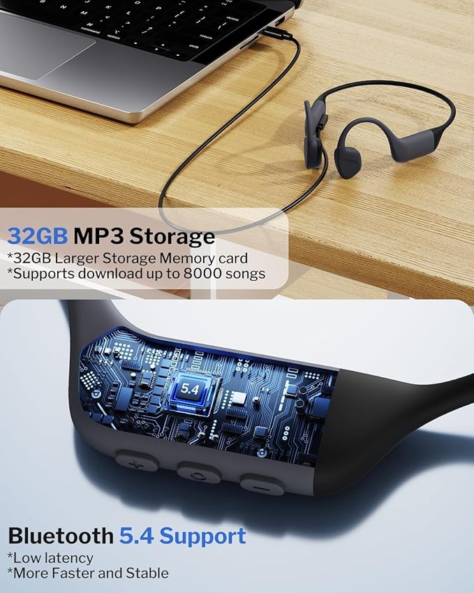 Bone Conduction Swimming Headphones,Waterproof IP68,Bluetooth 5.4, Built-in 32GB TF Swimming Headphones Underwater Music Player, Open Ear Bluetooth Earbuds (Black)