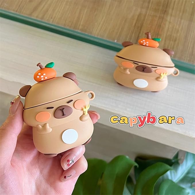 Case Compatible with Airpods 3, 3D Cute Kawaii Orange Capybara Design Keychain Case Cover, Portable Earbuds Accessories Soft Silicone Shockproof Wireless Earphone Protector with Hook