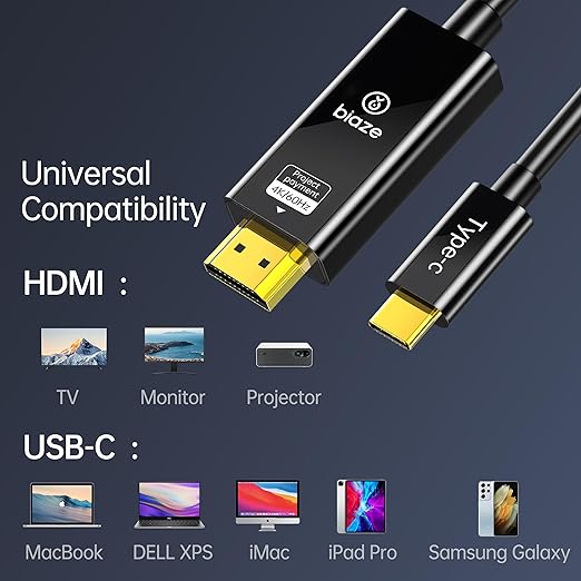 USB C to HDMI Cable 3.3ft 4K@60Hz Adapter, Thunderbolt 3/4 Compatible for MacBook Pro/Air, iPad Pro, Galaxy S23/S22, XPS, Chromecast, PS5, Monitor, Projector - Aluminum 8K Ready(USB C to HDMI)