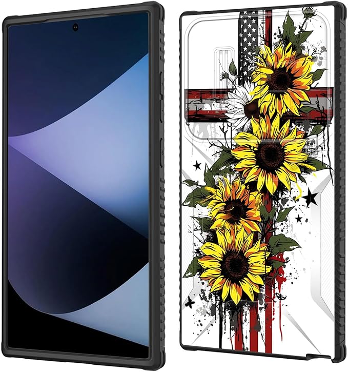 for Galaxy S25 Ultra Case Built in Slide Camera Lens Cover,Heavy Duty Shockproof Protection Dual Layer Case for Samsung Galaxy S25 Ultra 6.9" 2025,Cross American Flag Sunflower