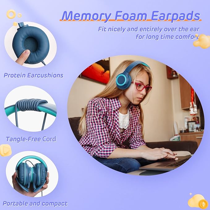 Kids Headphones,Kid Headphone for School with Volume Limit of 94 db,Wired Children Headphone for Travel/Tablet Adjustable Headband Foldable(Blue)