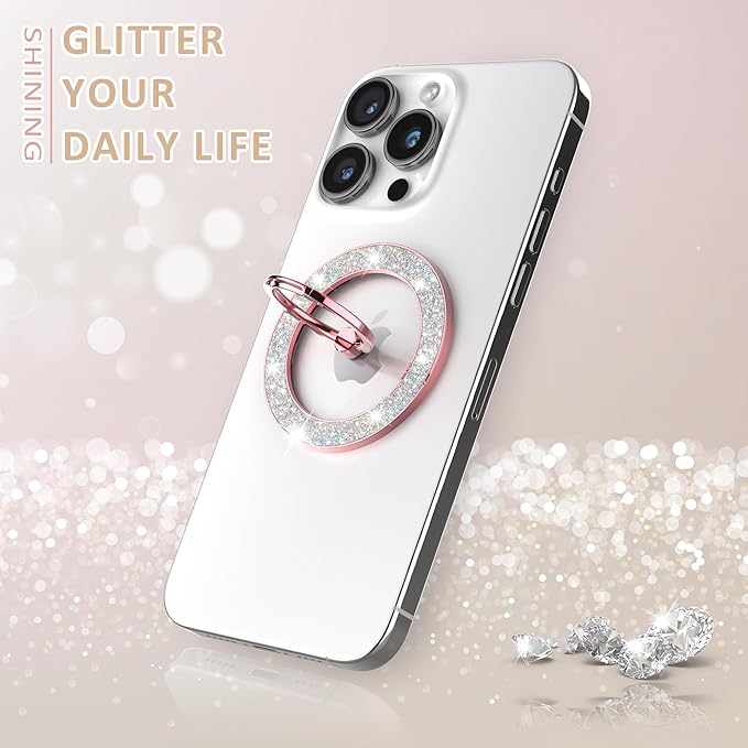 Magnetic Phone Ring Holder for MagSafe Cell Phone Grip Stand Finger Ring Stand Compatible with iPhone 17 16 15 14 13 12 Pro Max MagSafe Accessories Android. (Glitter Rose Gold)
