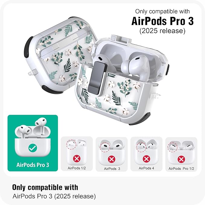 WENEW for AirPods Pro 3 Case (2025) Cover Secure Lock Automatic Snap Switch Clip Cleaner Kit Lanyard Women Stylish Flower Hard Shell Full Body Front LED Visible (Green Leaves, AirPods Pro 3)