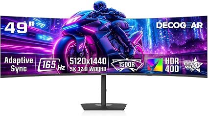 Deco Gear 49" Curved Ultrawide DQHD Monitor, 5120×1440 165Hz 1500R, USB-C 65W KVM, HDR Adaptive Sync, Dual HDMI 2.1, DP 1.4, Speakers, Ergonomic, American Seller