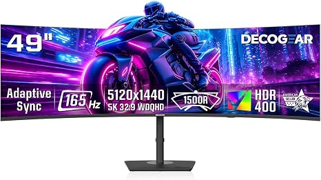 Deco Gear 49" Curved Ultrawide DQHD Monitor, 5120×1440 165Hz 1500R, USB-C 65W KVM, HDR Adaptive Sync, Dual HDMI 2.1, DP 1.4, Speakers, Ergonomic, American Seller