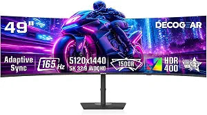 Deco Gear 49" Curved Ultrawide DQHD Monitor, 5120×1440 165Hz 1500R, USB-C 65W KVM, HDR Adaptive Sync, Dual HDMI 2.1, DP 1.4, Speakers, Ergonomic, American Seller