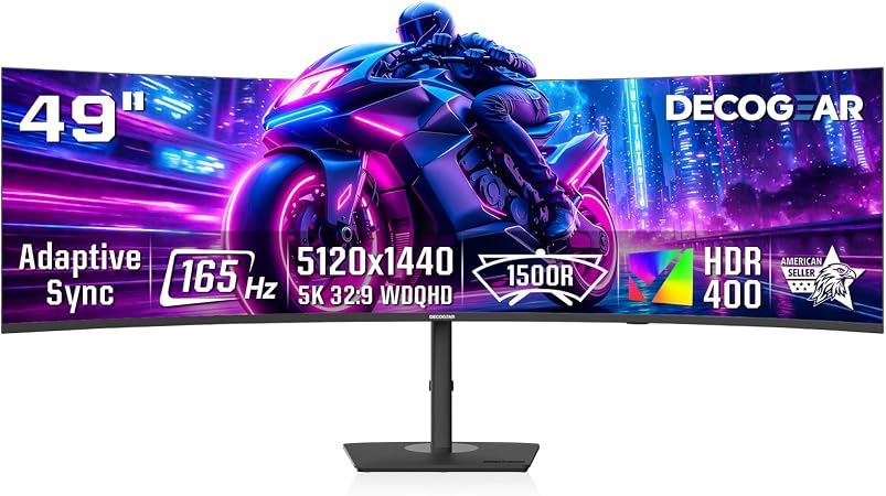 Deco Gear 49" Curved Ultrawide DQHD Monitor, 5120×1440 165Hz 1500R, USB-C 65W KVM, HDR Adaptive Sync, Dual HDMI 2.1, DP 1.4, Speakers, Ergonomic, American Seller