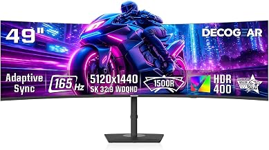 Deco Gear 49" Curved Ultrawide DQHD Monitor, 5120×1440 165Hz 1500R, USB-C 65W KVM, HDR Adaptive Sync, Dual HDMI 2.1, DP 1.4, Speakers, Ergonomic, American Seller