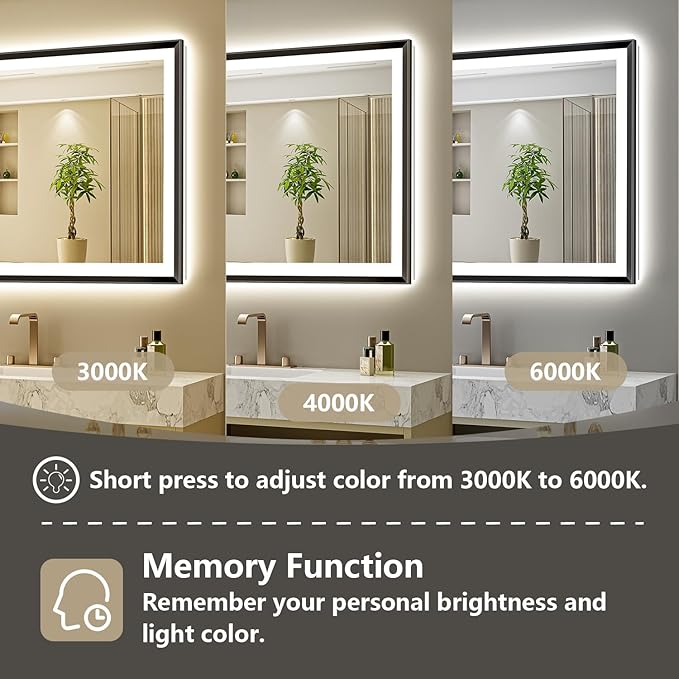 60x40 Black Framed LED Bathroom Mirror with Lights, Backlit and Front Light, Lighted Bathroom Vanity Mirror for Wall Dimmable Anti-Fog Memory Tempered Glass Horizontal/Vertical