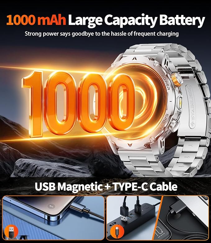LIGE Smart Watch for Men with 1000mah,1.7" Smartwatch with 100+ Sports Modes,Flashlight,Health Tracker,IP68 Waterproof, Smart Watch for Android iOS Silver