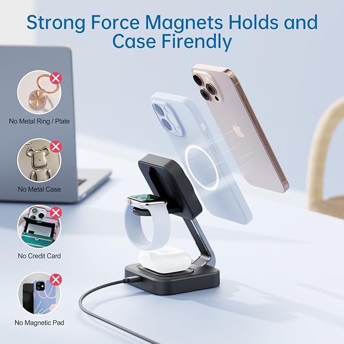 2026 Traveling Wireless Mag-Safe Fast Charging Station,Magnetic 3 in 1 Charger with iPhone 17 16 15 14 13 12 Pro Max Plus,Apple Watch Series & Air pods 4 3 2 Pro-Gifts for Wife & Husband(Black)