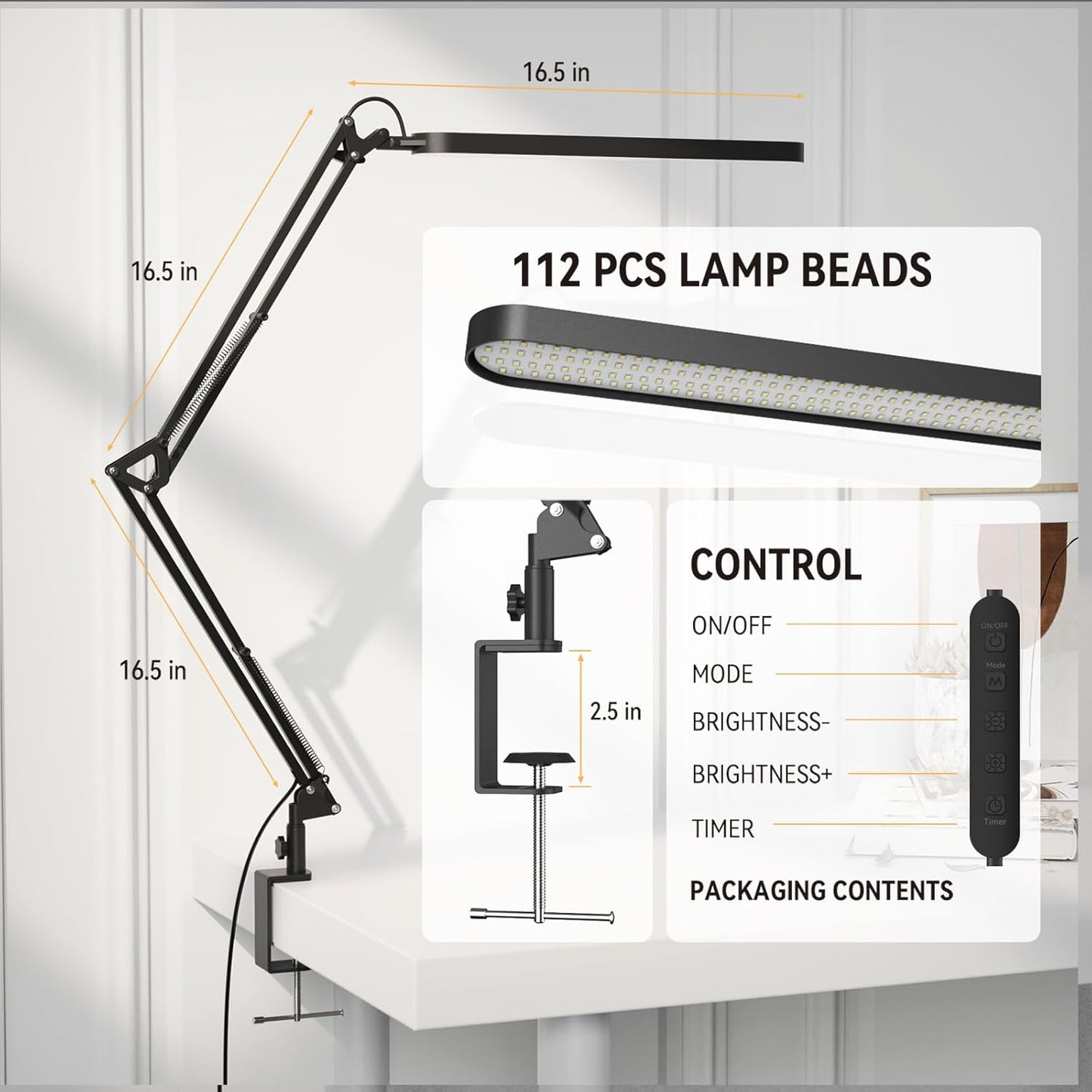 LED Desk Lamp with Swing Arm & Memory Function – 5 Color Modes, 11 Brightness, USB Powered (Black)
