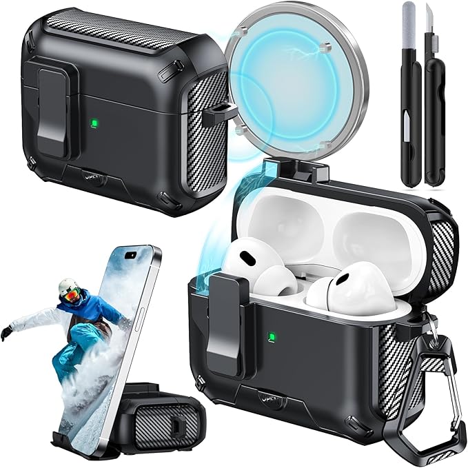 for AirPods Pro 2nd/1st Case (2023/2022/2019) with Phone Stand,（with Automatic Snap Switch） Carbon Fiber Design Protection Cover with Cleaning Pen,Black