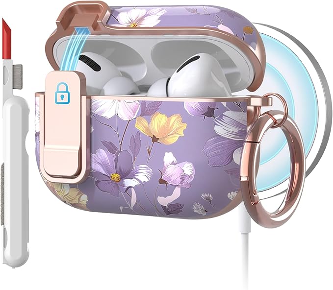 TATOFY for AirPods Pro 2nd Generation Case with Lock Carabiner Cleaner, Slim AirPod Pro 1st & 2nd Hard Case Cover, Compatible with MagSafe (Gray Purple)