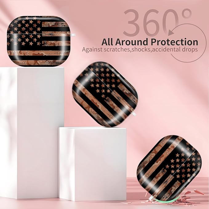 AirPod Pro 3 (2025) Case Cover for Women, Cute Shockproof TPU Protective Case with Gold Round Buckle, Anti-Drop Design Cute Camouflage Flag