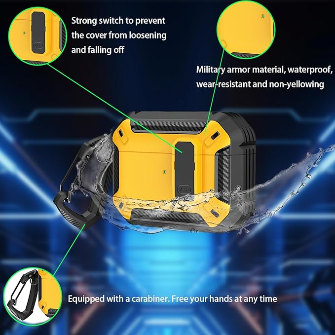 for AirPods Pro 3 Case, Secure Lock Cases Cover with Carabiner Compatible with Airpods Pro 3rd Generation Case, Full Body Shockproof Protective AirPod Case for Men Women(Black Yellow)