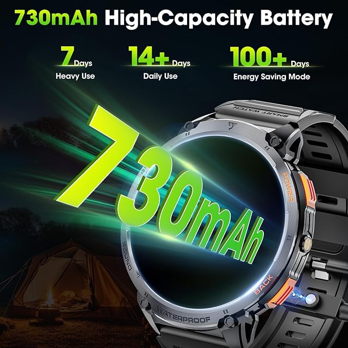 Military Smart Watches for Men, 1.85" HD Large Screen Smart Watch, Flashlight/730mAh/110+ Sports Modes Fitness Tracker Watch, Waterproof Mens Smart Watch for Android Phones iPhone Compatible