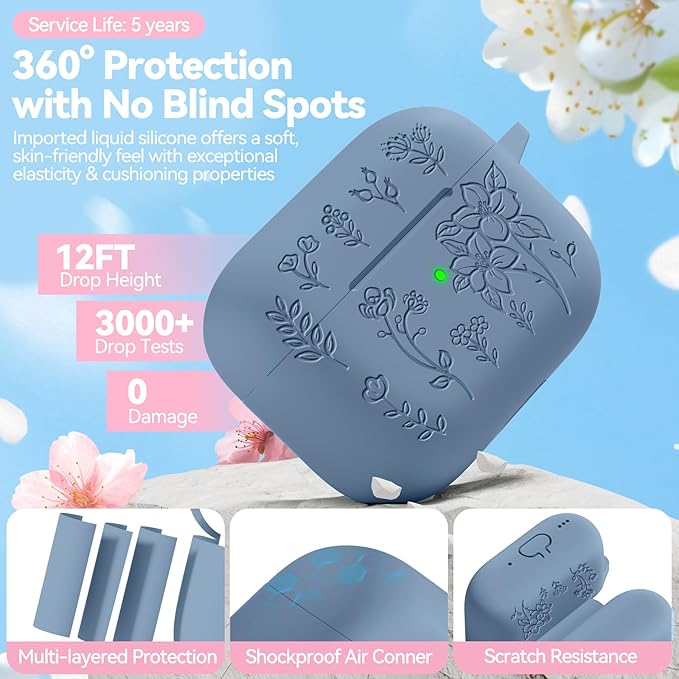 for Airpods Pro 3 Case, Flower Engraved Case Cover Compatible with AirPods Pro 3rd Generation 2025, Soft Silicone Cases with Cute Keychain & Cleaner for Women Girly, Shockproof