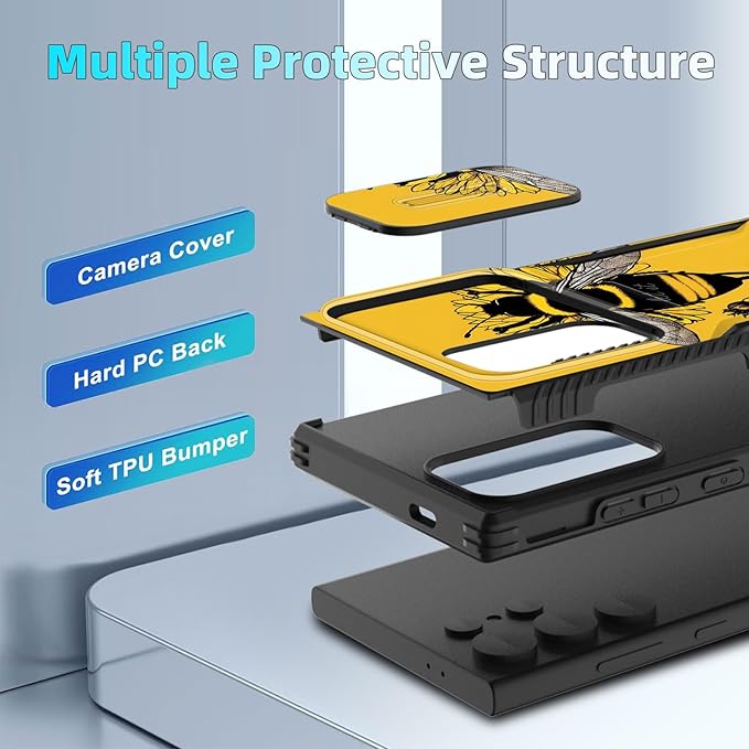 for Galaxy S26 Ultra Case Built in Slide Camera Lens Cover,Heavy Duty Shockproof Protection Dual Layer Case for Samsung Galaxy S26 Ultra 6.9" 2026,Honeybee Flower