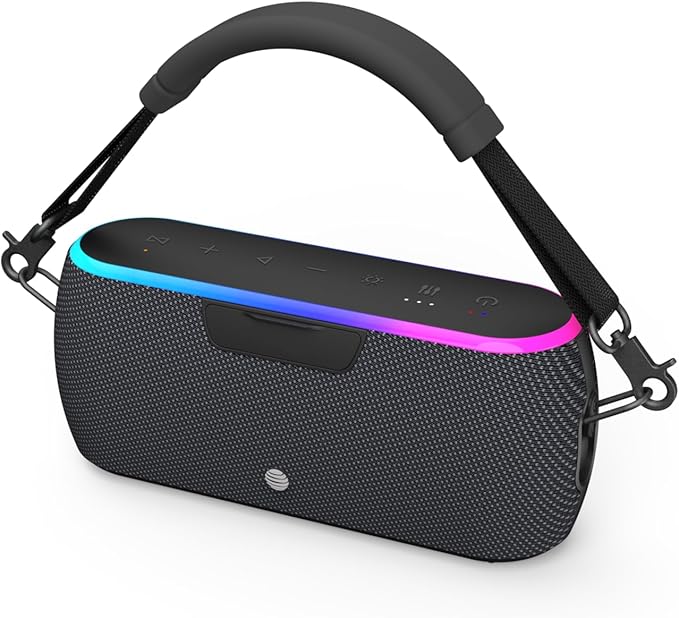 AT&T Essentials 40W Portable Bluetooth Speaker – IPX6 Waterproof, Wireless Dual Pairing, 15H Playtime, Removable Strap/Handle – Home/Kitchen/Outdoor Use (Black)