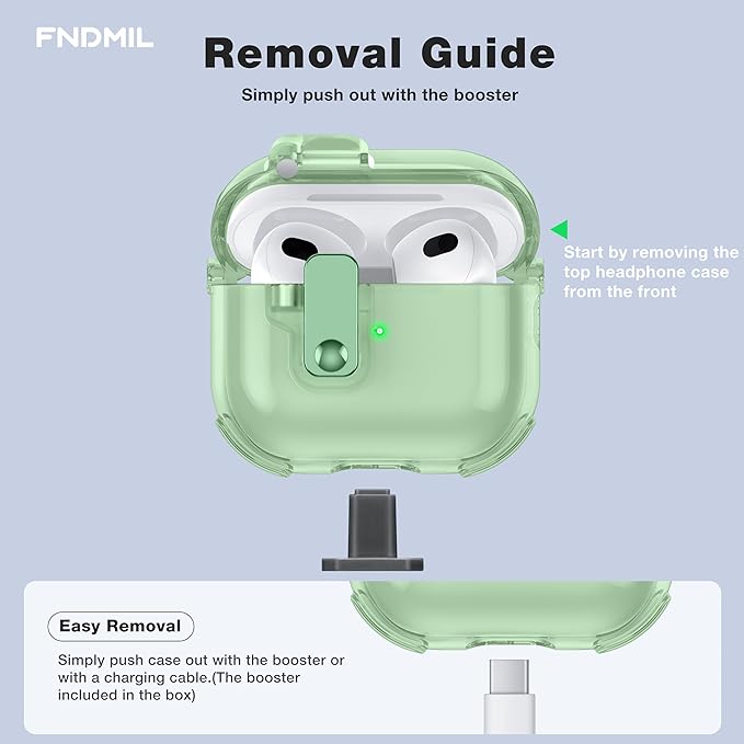 Clear Case for AirPods 3 Case Cover with [Lock Safety & Pop Up][Military Shockproof] Anti-Yellow Transparent Soft TPU Wireless Charging for AirPods 3 Generation Case with Keychain, Clear Green