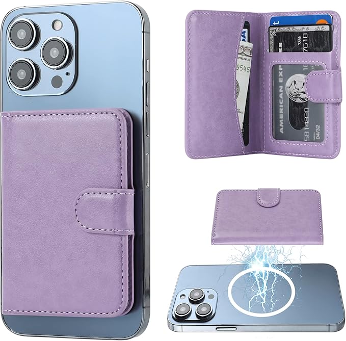 Bocasal for MagSafe Wallet Magnetic Card Holder, RFID Blocking Leather Card Slots for iPhone 17/16/15/14/13/12 Pro/Max/Plus/Air, Adjustable Kickstand Flip Mag Safe Wallet (Purple)