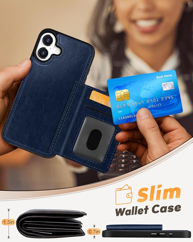 for iPhone 16 Wallet Case - Fits 4 Card Slots, Compatible with MagSafe for Women Aesthetic Durable PU Leather Credit Card Holder Kickstand Phone Cover for Apple 16, Blue