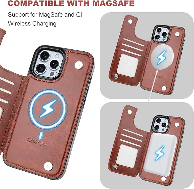 ONETOP Compatible with Magsafe for iPhone 13 Pro Max Wallet Case with Card Holder, PU Leather Kickstand RFID Blocking Case, Double Magnetic Clasp and Durable Shockproof Cover 6.7 Inch (Brown)