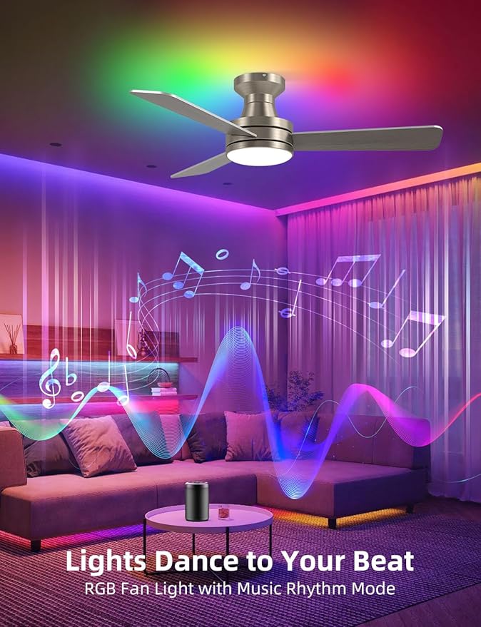 42" RGB Ceiling Fan with Light, Music Sync Smart Fan with Alexa/Google/App Control, Low Profile Flush Mount, 6-Speed Quiet DC Motor, 4 CCT Dimmable Lighting for Bedroom Living Room
