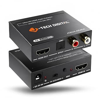 J-Tech Digital HDMI Audio Extractor 4K 60Hz & ARC Support, HDMI to RCA Optical Compatible with Dolby Digital DTS Stereo for Laptop Blu-Ray Gaming Consoles (JTECH-AE4KA)