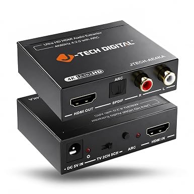 J-Tech Digital HDMI Audio Extractor 4K 60Hz & ARC Support, HDMI to RCA Optical Compatible with Dolby Digital DTS Stereo for Laptop Blu-Ray Gaming Consoles (JTECH-AE4KA)