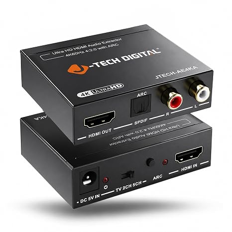 J-Tech Digital HDMI Audio Extractor 4K 60Hz & ARC Support, HDMI to RCA Optical Compatible with Dolby Digital DTS Stereo for Laptop Blu-Ray Gaming Consoles (JTECH-AE4KA)
