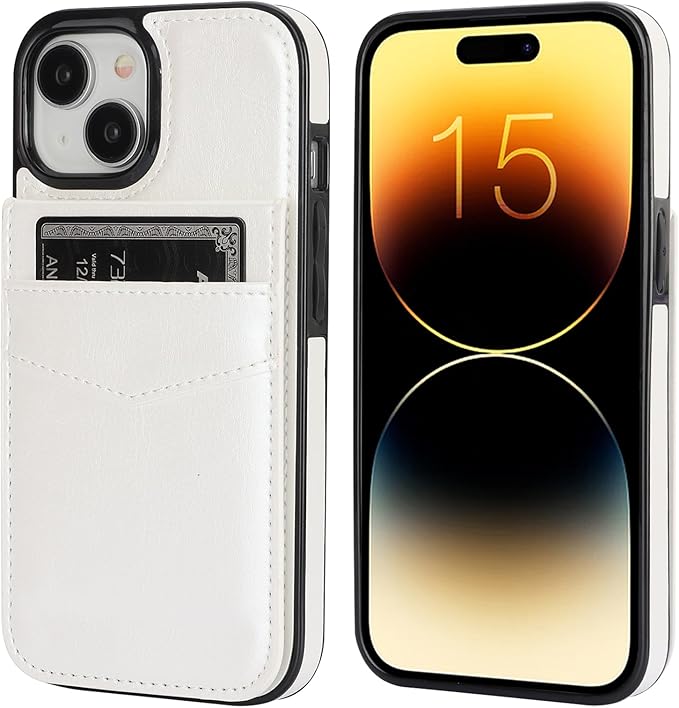KIHUWEY Compatible with iPhone 15 Case Wallet with Credit Card Holder, Flip Premium Leather Magnetic Clasp Kickstand Heavy Duty Protective Cover for iPhone 15 6.1 Inch (White)