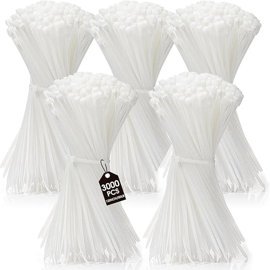 3000 Pieces Cable Zip Ties Bulk Heavy Duty Cable Ties Nylon Tie Wraps Self Locking Wire Ties for Plants Gardening Farming Grid Wall Fence Indoor and Outdoor(White, 12" (50lb))