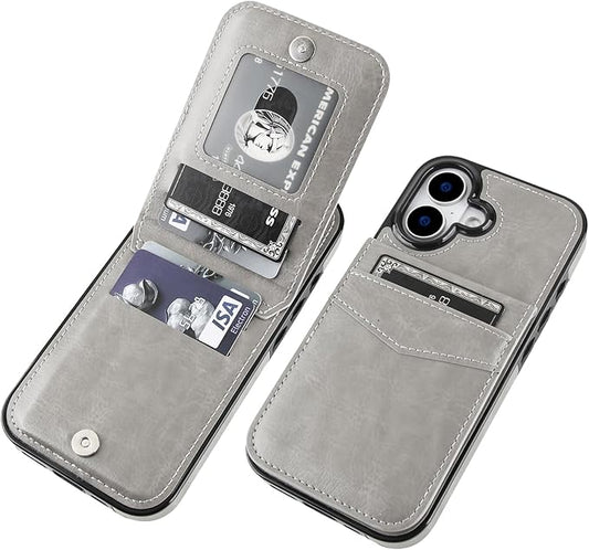 KIHUWEY Compatible with iPhone 17 Case Wallet with Credit Card Holder, Flip Premium Leather Magnetic Clasp Kickstand Heavy Duty Protective Cover for iPhone 17 6.3 Inch (Gray)