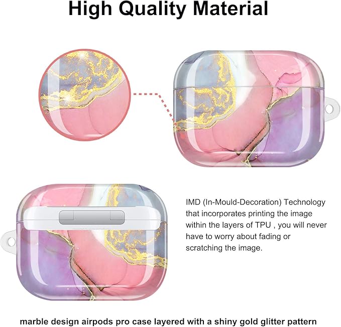 JIAXIUFEN Compatible with AirPods Pro 2019 / Airpods Pro 2nd Generation Case Cover Gold Sparkle Glitter Marble Design Cute Full Protective Silicone TPU Skin Accessories for Women Girl Pink Purple