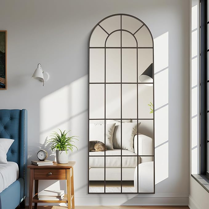 Arched Windowpane Mirror Full Length 65"x24" Wall Mounted Bronze Art Pane Farmhouse Decorative Floor Mirror Leaning Hanging Wall Mirror for Bedroom Living Room Entrance
