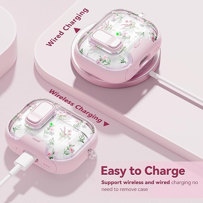 with Safety Lock for AirPods Pro 3 Case 2025,Clear Floral Cute Airpods Pro 3rd Generation Case with Phone Stand & Cleaner Kit for Apple AirPods Pro 3 for Women Girly-Pink Narcissus