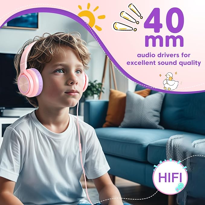 Kids Headphones for School Travel, Upgrade USB Type C Safe Volume 94dB, with Mic HD Stereo Sound Foldable On-Ear Headphones for Boys/Girls/Students/Tablet/Travel Pink