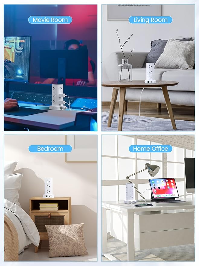 Tower Power Strip with 15W Wireless Charger - 12 Outlets 4 USB Ports White