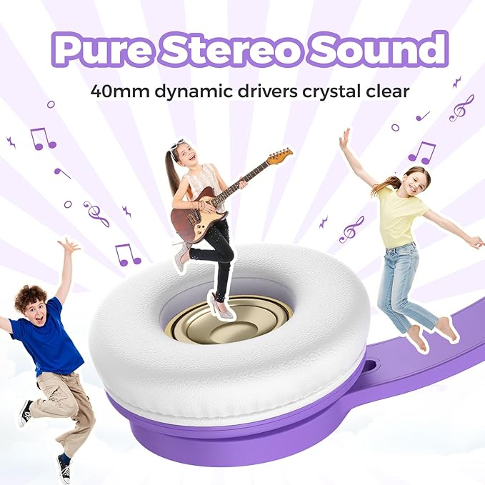 TuneFlux Upgraded Kids Headphones, Wired Toddler Headphones, 85dB Limited Volume On Ear Headphones, Portable Foldable Design, Stereo Sound Kids Headsets for School/Tablet/Travel-Purple