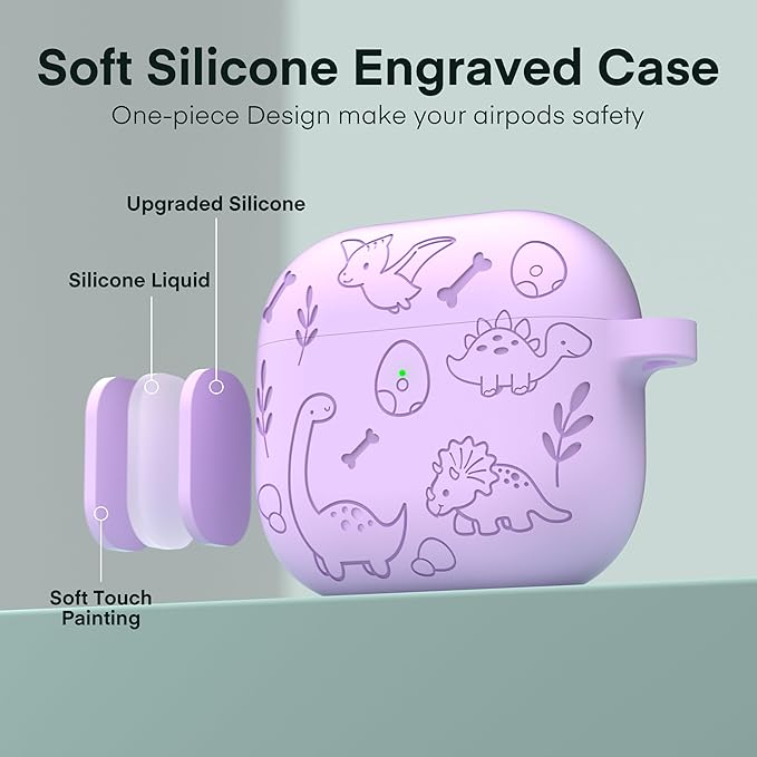 Maxjoy for AirPods 4 Case, Engraved Silicone Cute AirPod 4 Case for Women Men Protective iPod 4 Cover with Keychain Cleaning Kit for AirPod 4th Generation Cover 2024, Dinosaur Purple