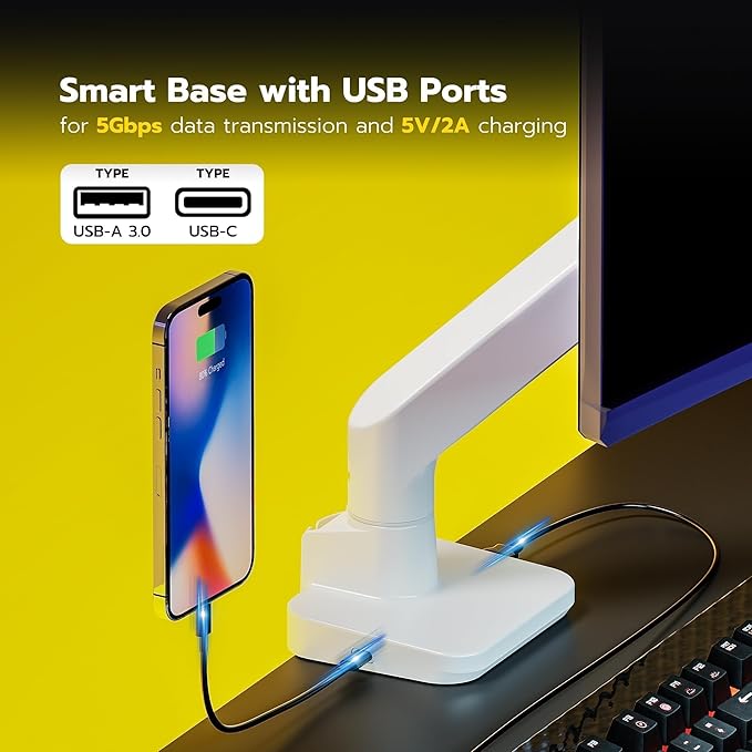 ARES WING Ultrawide Monitor Arm White with USB A/C, Heavy Duty Monitor Arm for 17 to 49 inch Screen, Holds 44 lbs, Adjustable Gas Spring Arm Desk Mount with Clamp and Grommet Base