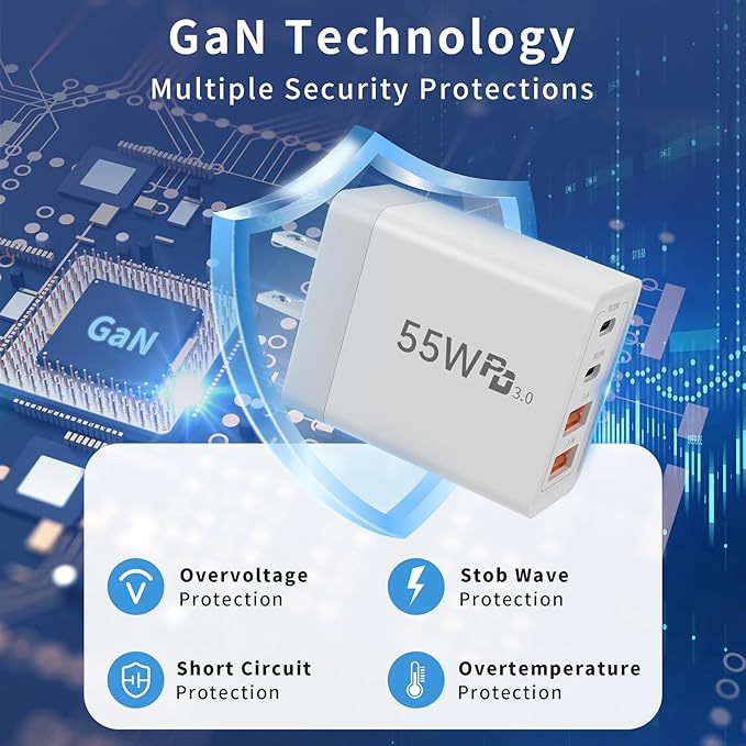 USB C Wall Charger, 55W 4-Port Fast USB C Charger Block, Dual Port QC 3.1A + PD 20W Power Adapter Multiport Type C Charging Block Cable for iPhone 17 16 15 14 13 12 11 Pro Max XR XS 8, Samsung,Tablets