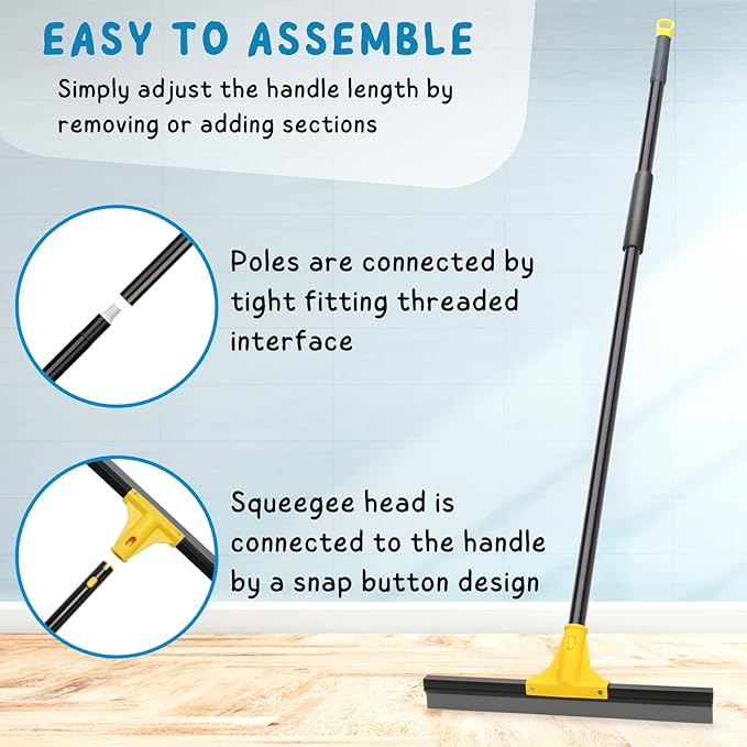 Squeegee Broom for Floor, 18'' Rubber Squeegee with 60'' Long Handle for Bathroom Tile, Window Cleaner Tool for Home, 59.5'' Squeegee Kit for Glass, Car Windshield, Mirror, Shower Door Cleaning