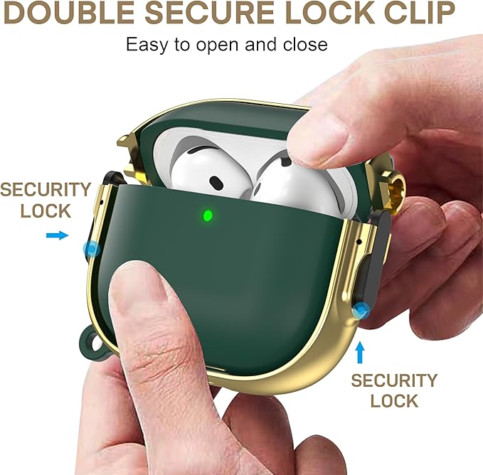 Maxjoy for AirPods 4 Case with Lock, Cute AirPods 4 Case Lock Protective Hard AirPod 4 Generation Cover for Women Men with Keychain Clip for AirPod 4th Generation Cover 2024, Green/Gold