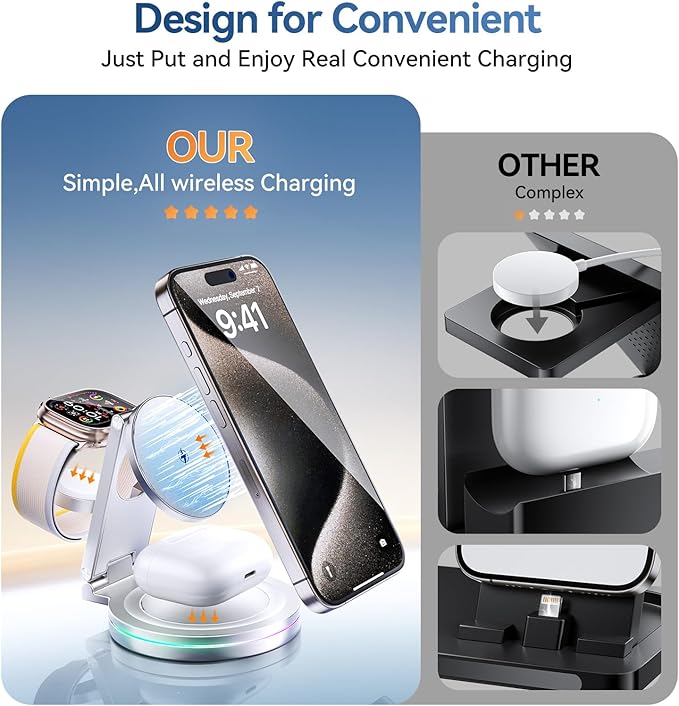 3 in 1 Wireless Charging Station for Apple Charger, 15W Fast Mag-Safe Qi-Certified Magnetic Portable Charger Stand for iPhone 1615141312 Apple Watch AirPods 3/2 Pro, Adjustable Angle (Silver, Qi)