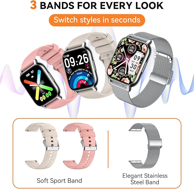 Smart Watch for Women(3 Bands), Smartwatch Fitness Tracker with Bluetooth Calls & AI Voice Control, 1.85’’ HD Screen, Heart Rate/SpO2 Monitor, Sleep Tracker, Compatible with Android iOS (Silver)